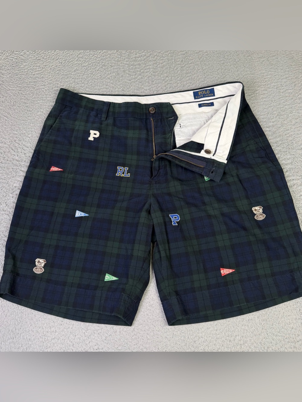 Polo Ralph Lauren Chino Shorts Mens 35 Green Tartan Plaid Embroidered College